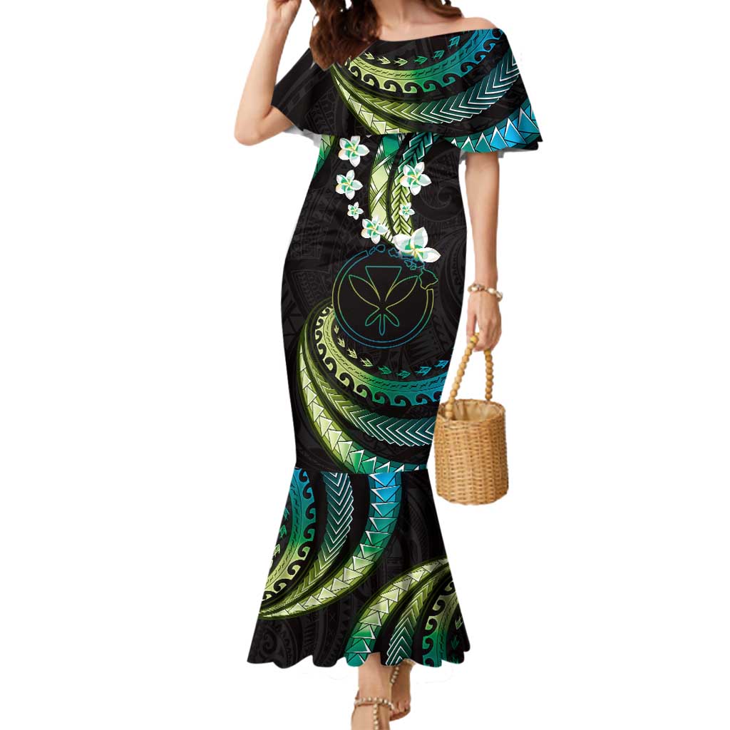 Hawaii Map Kanaka Maoli Mermaid Dress Fantastic Frangipani Chartreuse Cyan LT01 Women Cyan - Polynesian Pride