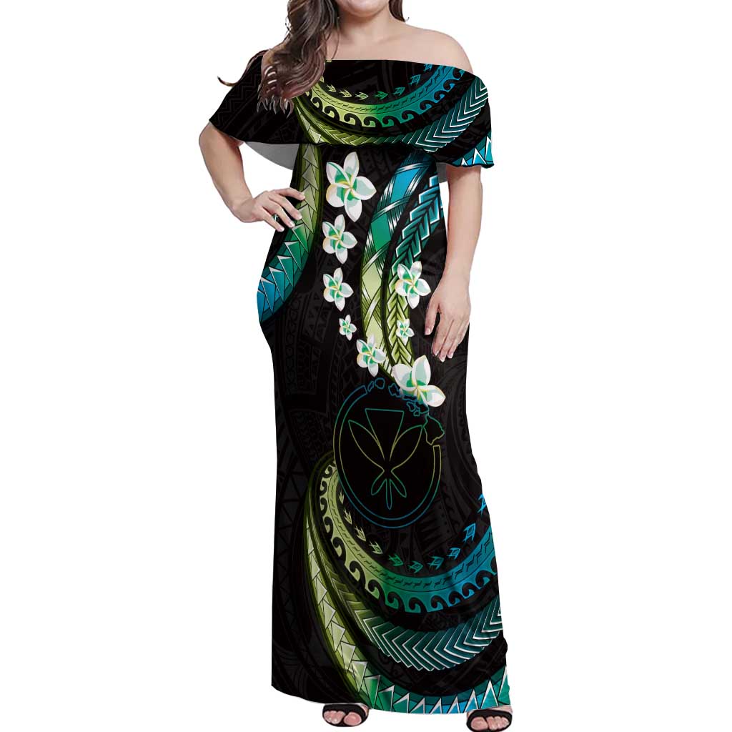 Hawaii Map Kanaka Maoli Off Shoulder Maxi Dress Fantastic Frangipani Chartreuse Cyan LT01 Women Cyan - Polynesian Pride