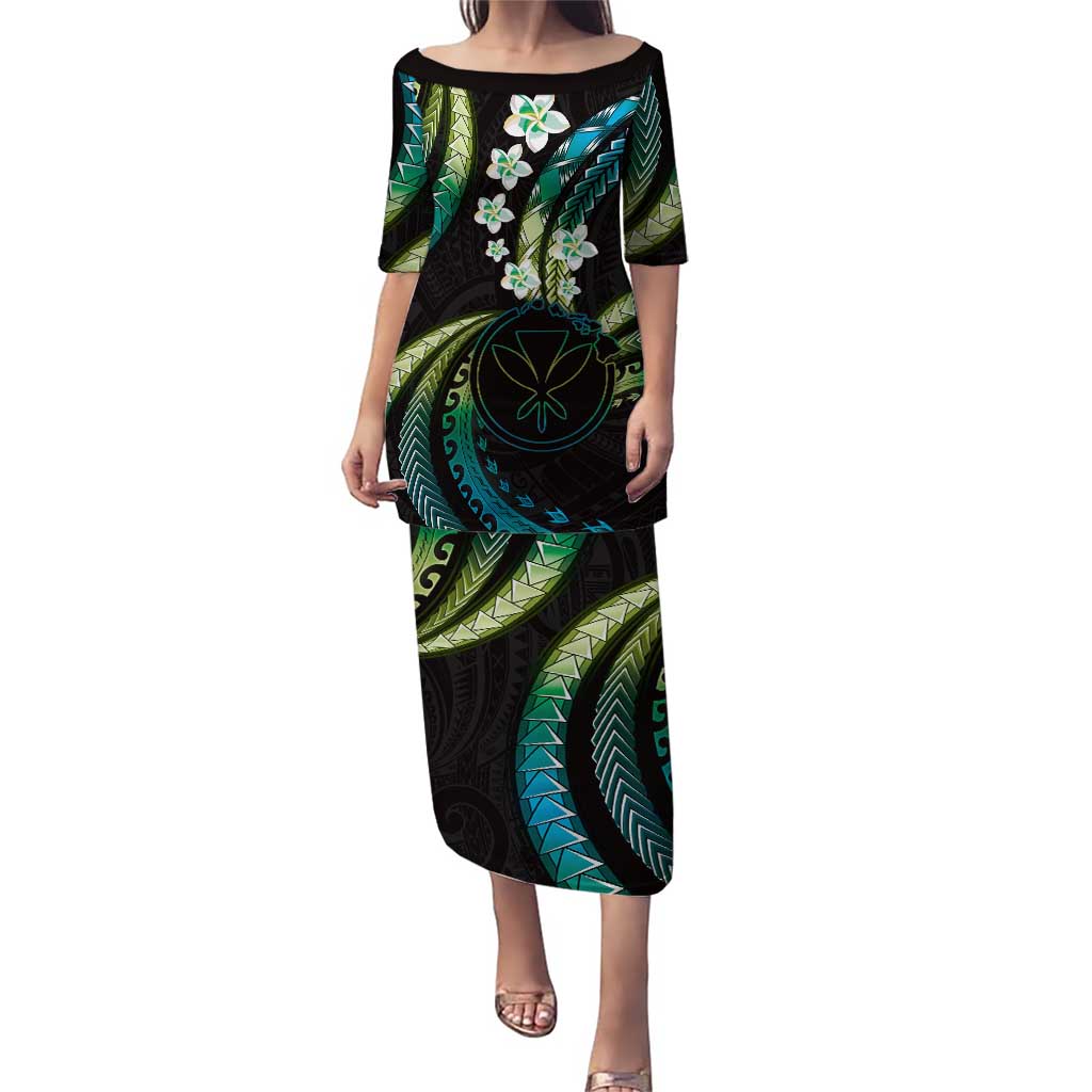 Hawaii Map Kanaka Maoli Puletasi Fantastic Frangipani Chartreuse Cyan LT01 Long Dress Cyan - Polynesian Pride