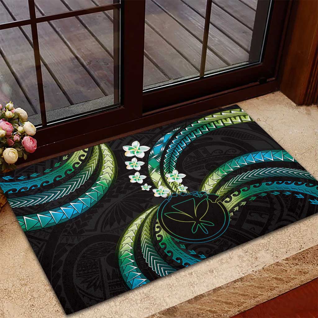 Hawaii Map Kanaka Maoli Rubber Doormat Fantastic Frangipani Chartreuse Cyan LT01 - Polynesian Pride