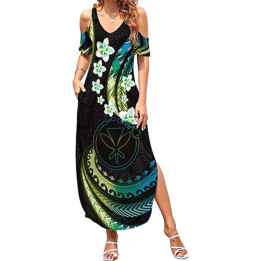 Hawaii Map Kanaka Maoli Summer Maxi Dress Fantastic Frangipani Chartreuse Cyan LT01 Women Cyan - Polynesian Pride