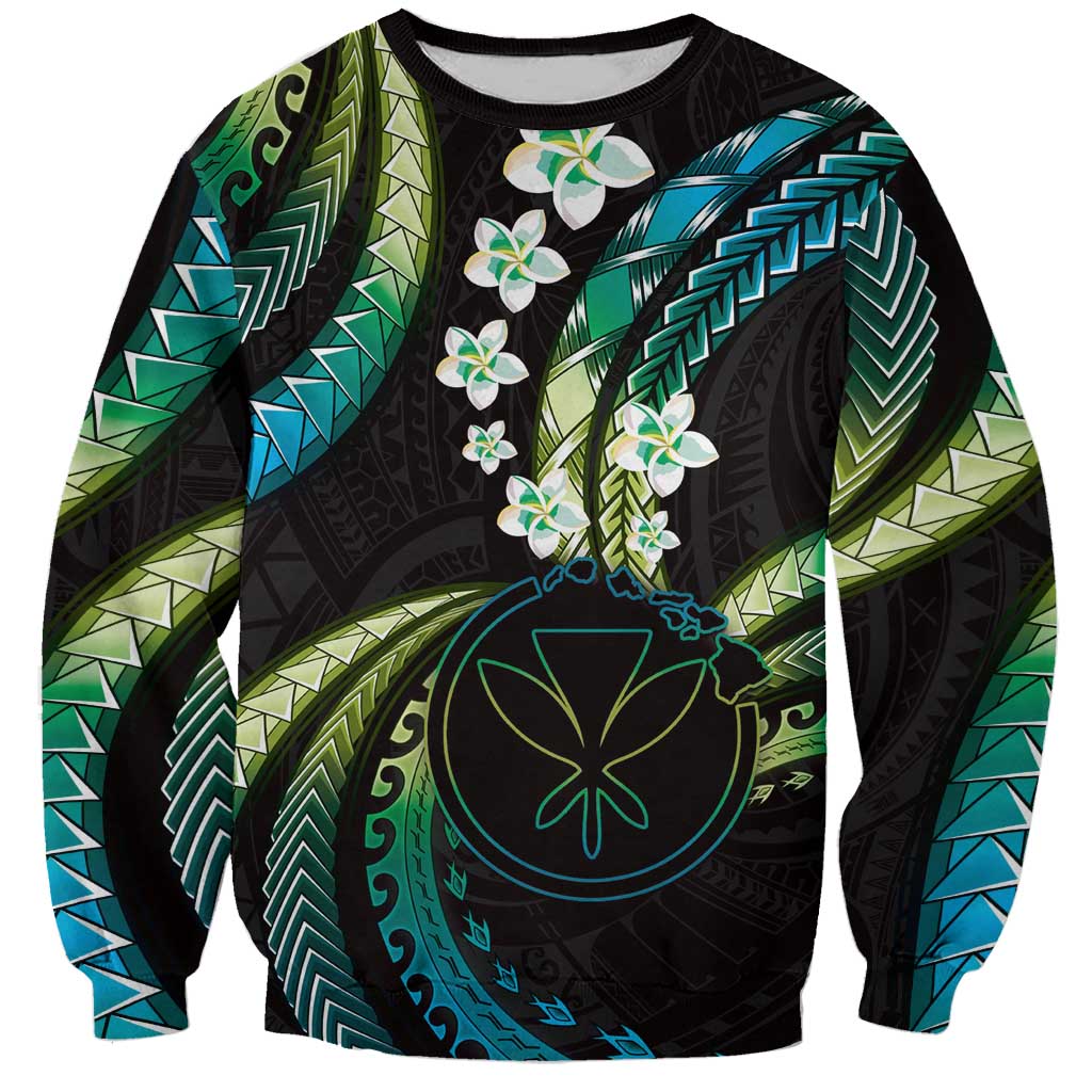 Hawaii Map Kanaka Maoli Sweatshirt Fantastic Frangipani Chartreuse Cyan LT01 Unisex Cyan - Polynesian Pride