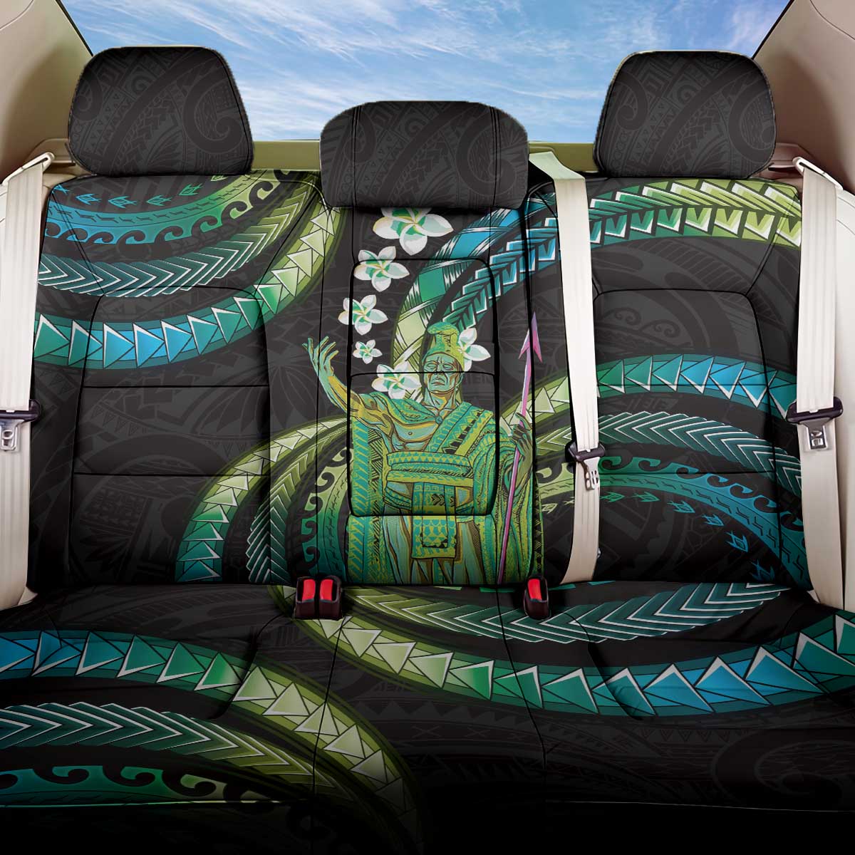 Hawaii King Kamehameha Back Car Seat Cover Fantastic Plumeria Chartreuse Cyan LT01 One Size Cyan - Polynesian Pride