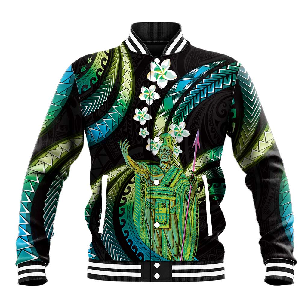 Hawaii King Kamehameha Baseball Jacket Fantastic Plumeria Chartreuse Cyan LT01 Unisex Cyan - Polynesian Pride
