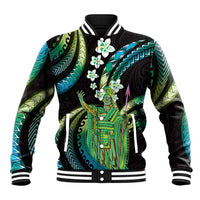 Hawaii King Kamehameha Baseball Jacket Fantastic Plumeria Chartreuse Cyan LT01 Unisex Cyan - Polynesian Pride