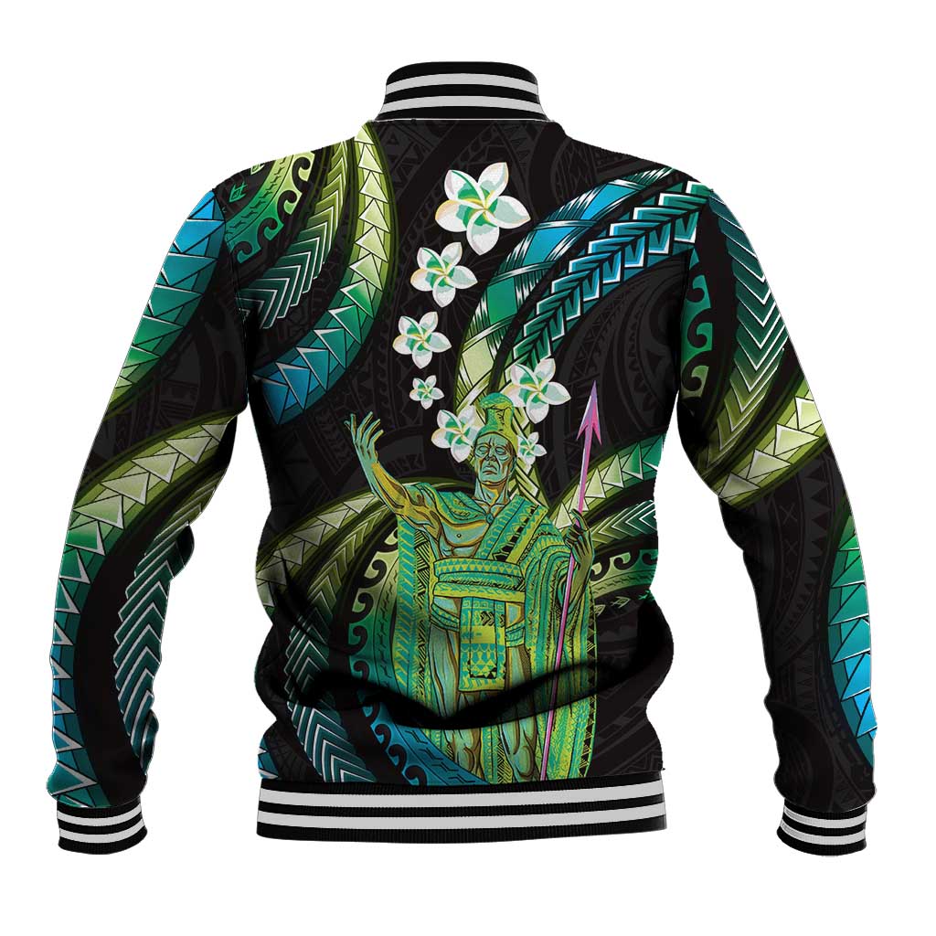 Hawaii King Kamehameha Baseball Jacket Fantastic Plumeria Chartreuse Cyan LT01 - Polynesian Pride