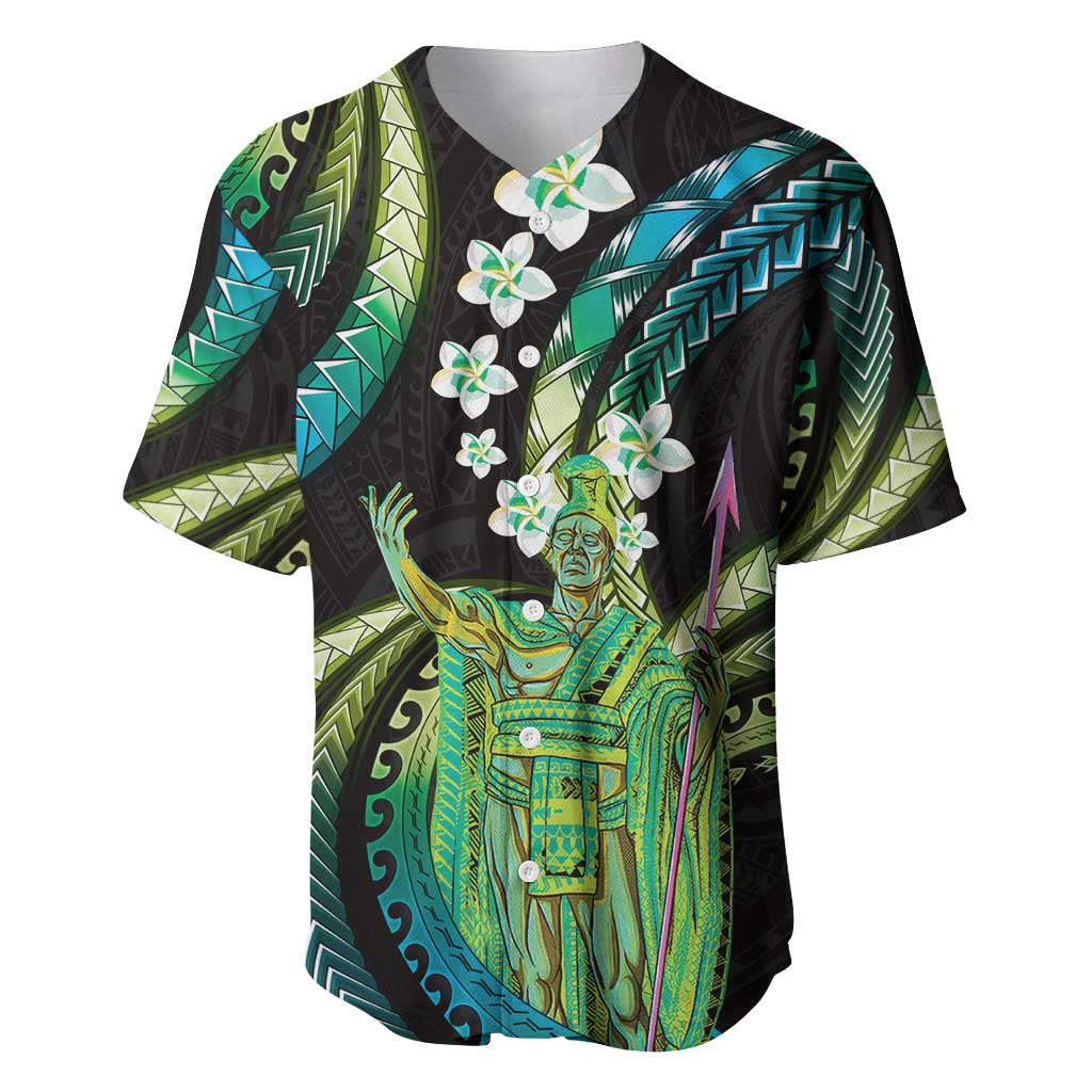 Hawaii King Kamehameha Baseball Jersey Fantastic Plumeria Chartreuse Cyan LT01 Cyan - Polynesian Pride
