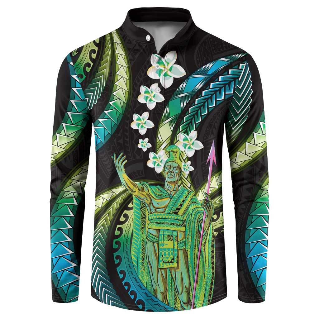 Hawaii King Kamehameha Button Sweatshirt Fantastic Plumeria Chartreuse Cyan LT01 Cyan - Polynesian Pride