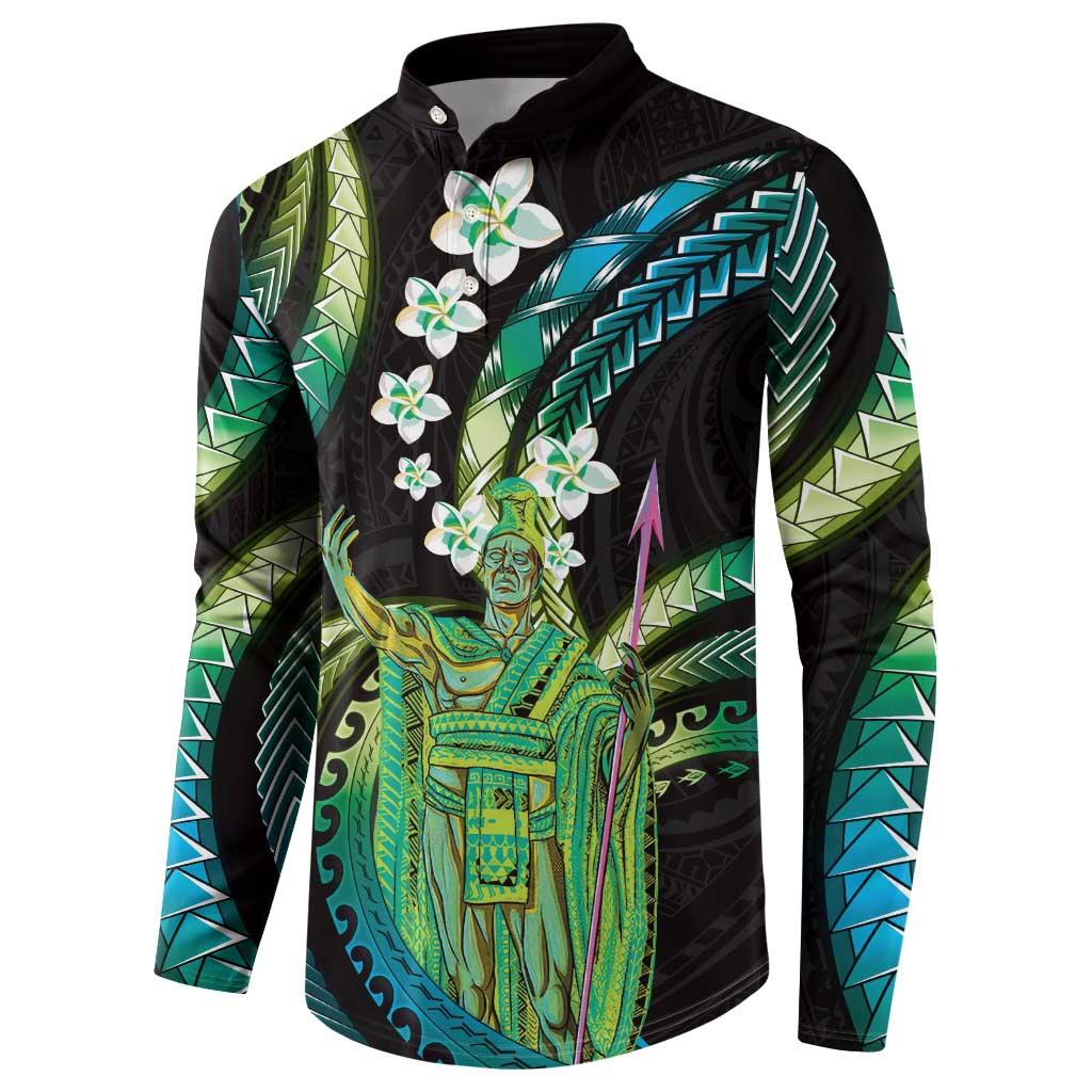 Hawaii King Kamehameha Button Sweatshirt Fantastic Plumeria Chartreuse Cyan LT01 - Polynesian Pride