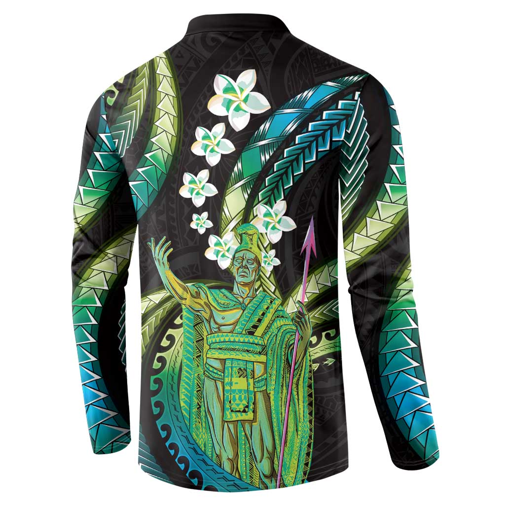 Hawaii King Kamehameha Button Sweatshirt Fantastic Plumeria Chartreuse Cyan LT01 - Polynesian Pride