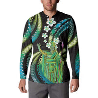 Hawaii King Kamehameha Button Sweatshirt Fantastic Plumeria Chartreuse Cyan LT01 - Polynesian Pride
