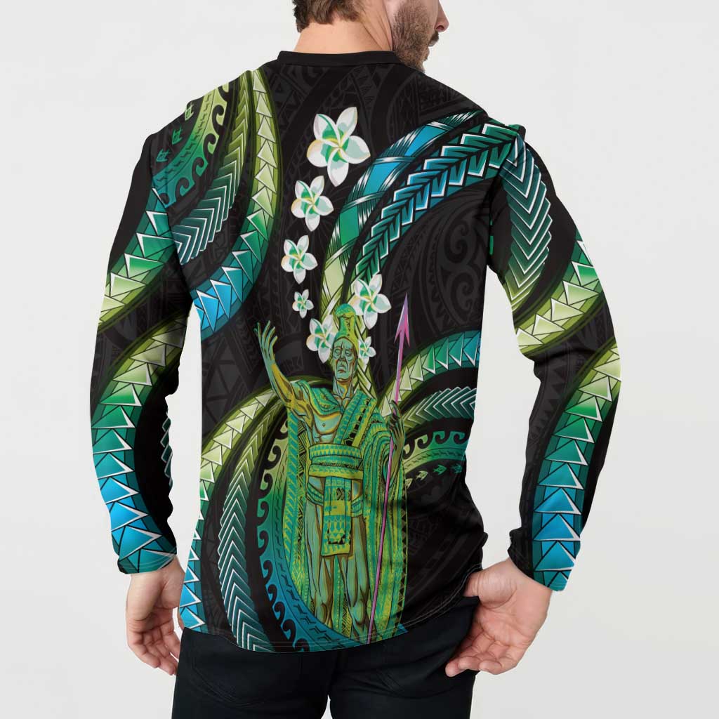 Hawaii King Kamehameha Button Sweatshirt Fantastic Plumeria Chartreuse Cyan LT01 - Polynesian Pride