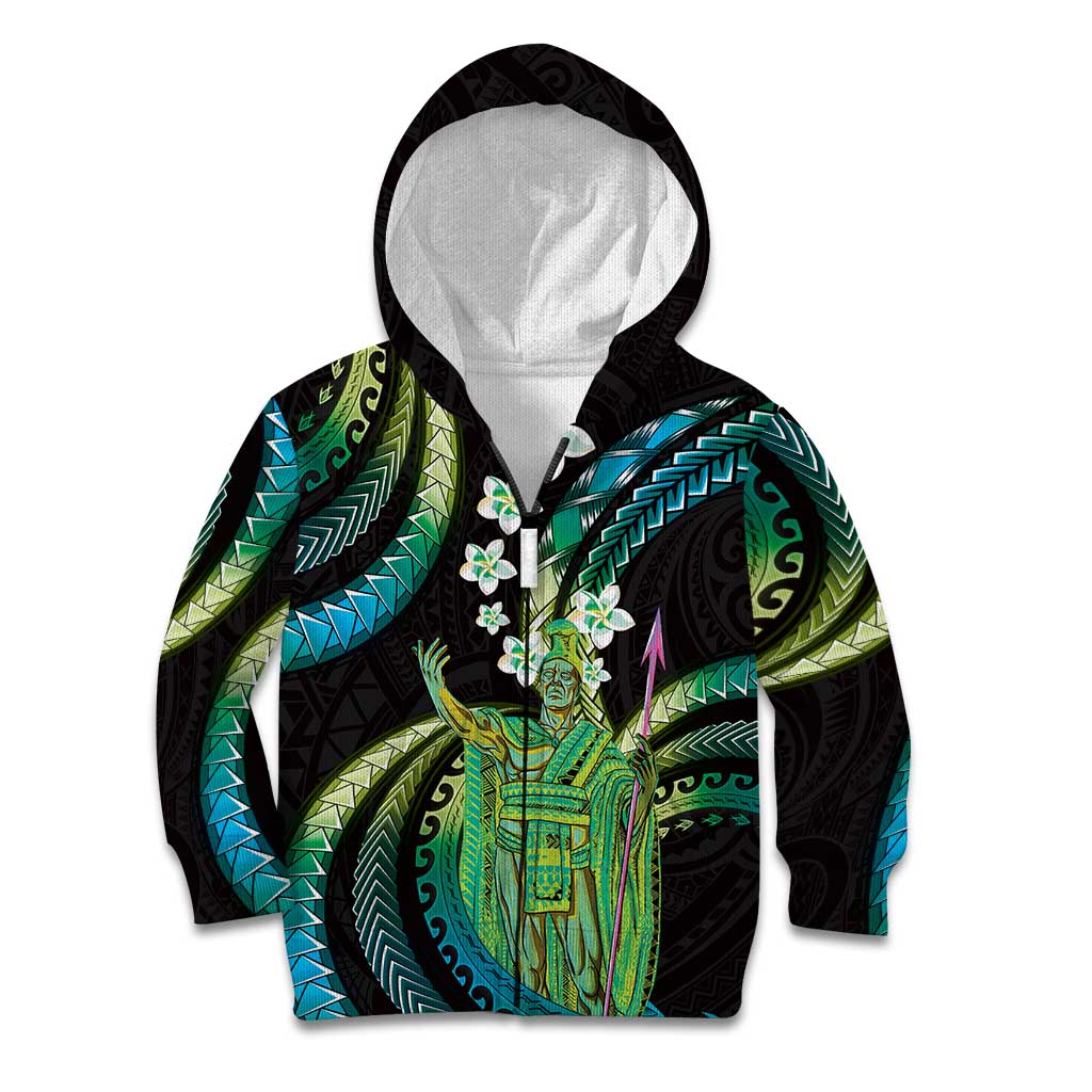 Hawaii King Kamehameha Kid Hoodie Fantastic Plumeria Chartreuse Cyan LT01 Zip Hoodie Cyan - Polynesian Pride