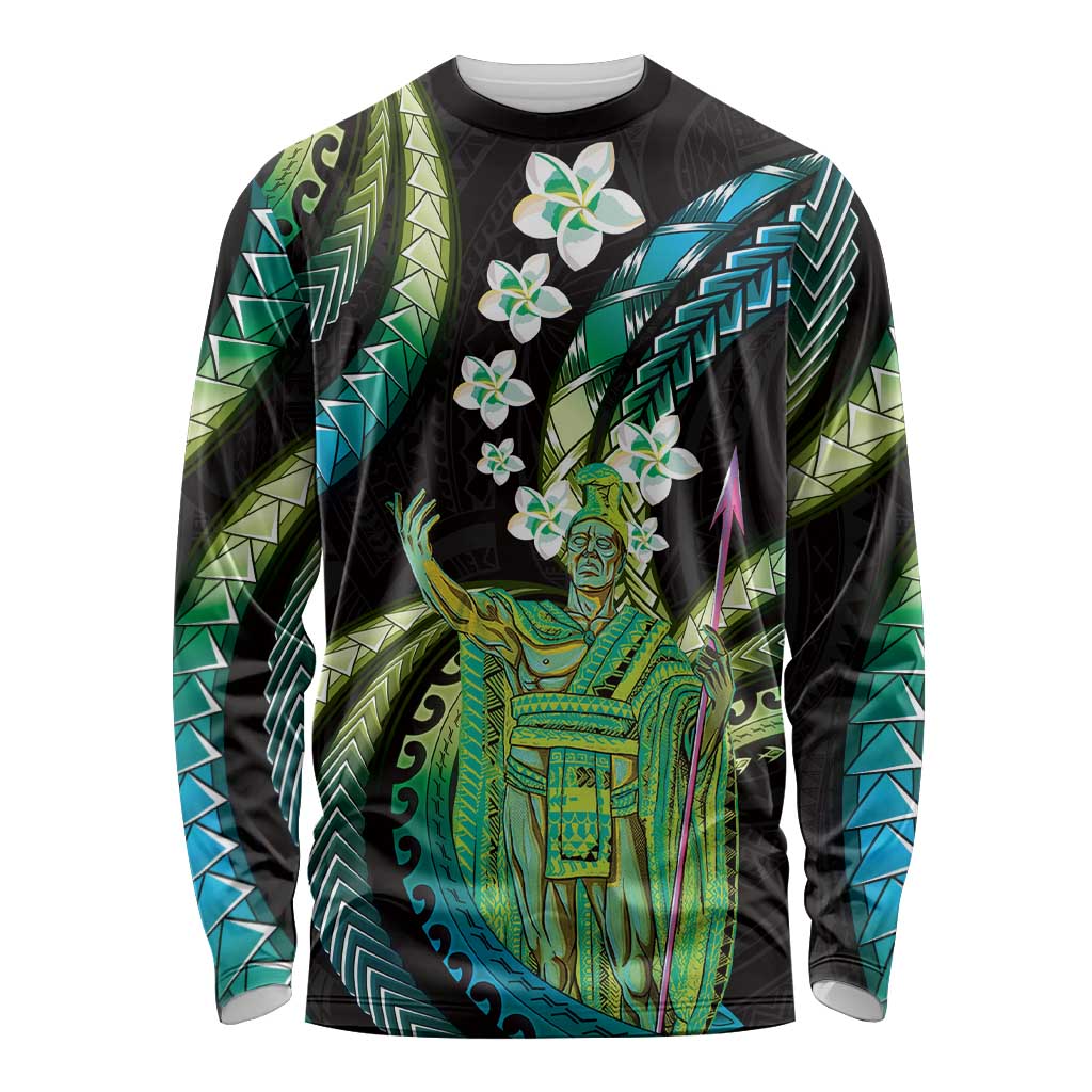 Hawaii King Kamehameha Long Sleeve Shirt Fantastic Plumeria Chartreuse Cyan LT01 Unisex Cyan - Polynesian Pride