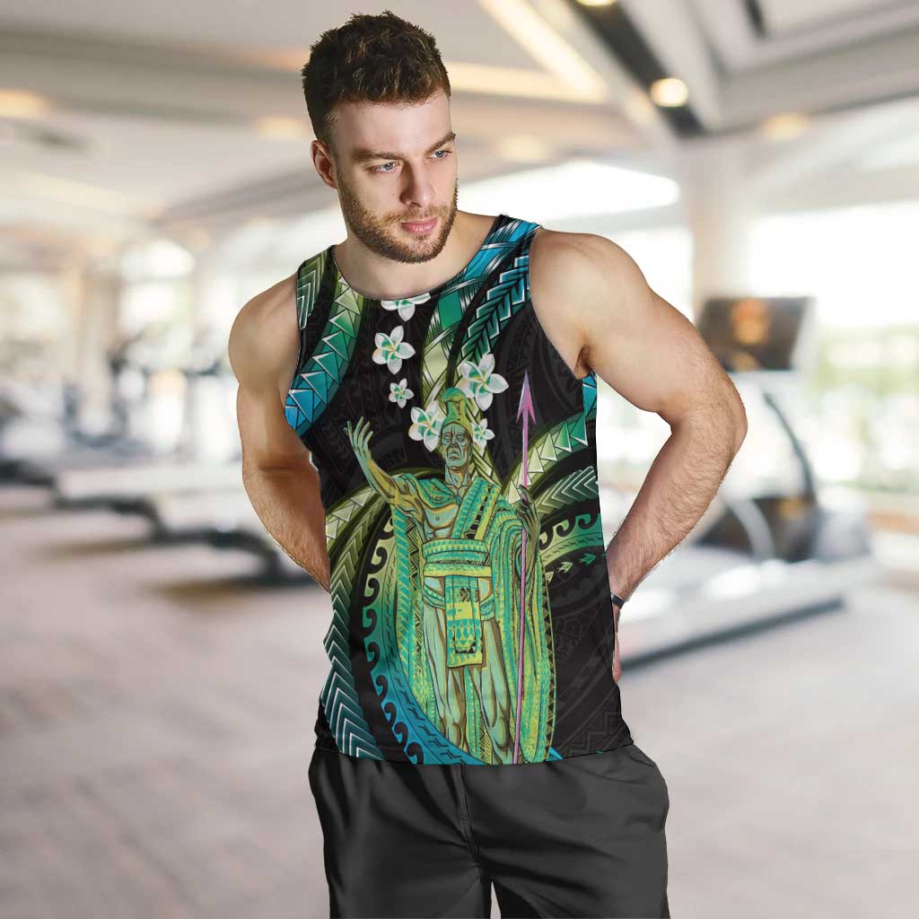 Hawaii King Kamehameha Men Tank Top Fantastic Plumeria Chartreuse Cyan LT01 Cyan - Polynesian Pride