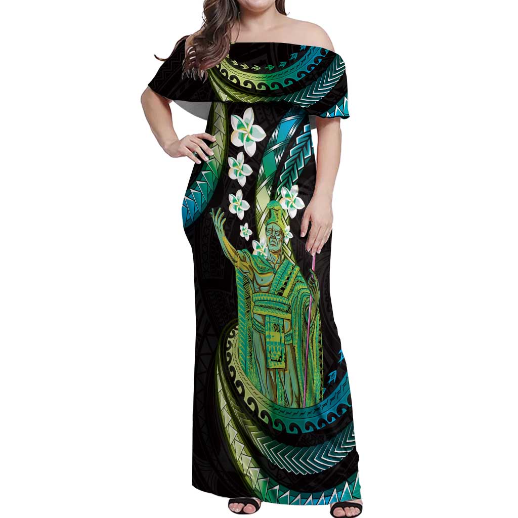 Hawaii King Kamehameha Off Shoulder Maxi Dress Fantastic Plumeria Chartreuse Cyan LT01 Women Cyan - Polynesian Pride