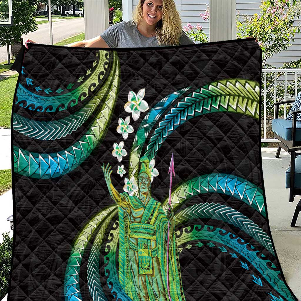 Hawaii King Kamehameha Quilt Fantastic Plumeria Chartreuse Cyan LT01 Cyan - Polynesian Pride