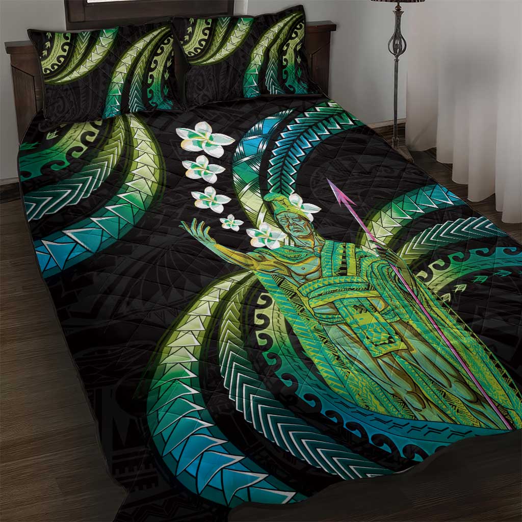 Hawaii King Kamehameha Quilt Bed Set Fantastic Plumeria Chartreuse Cyan LT01 Cyan - Polynesian Pride