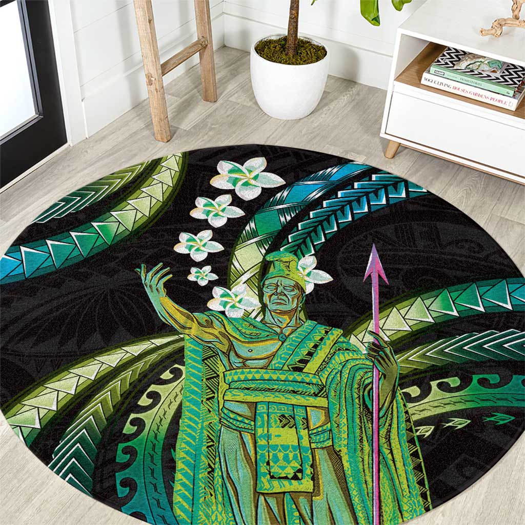 Hawaii King Kamehameha Round Carpet Fantastic Plumeria Chartreuse Cyan LT01 Cyan - Polynesian Pride