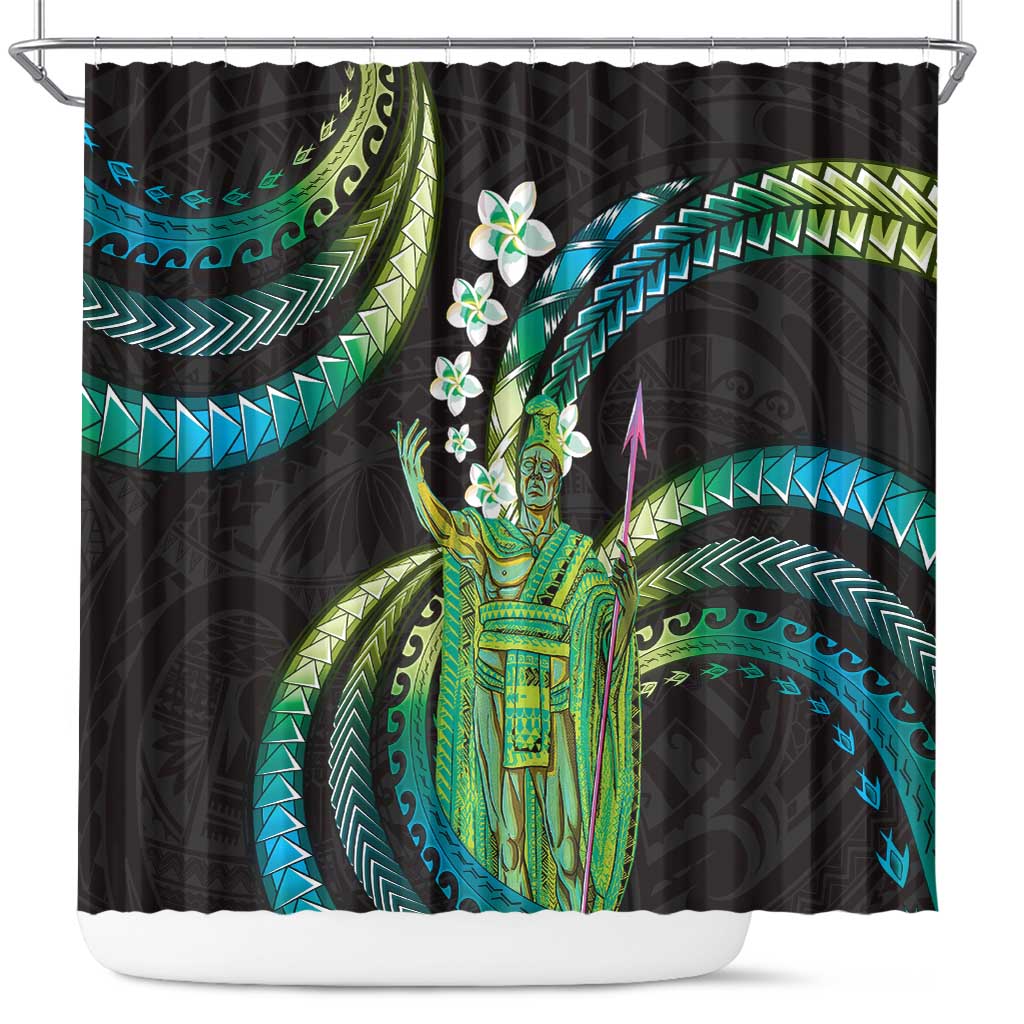 Hawaii King Kamehameha Shower Curtain Fantastic Plumeria Chartreuse Cyan LT01 Cyan - Polynesian Pride