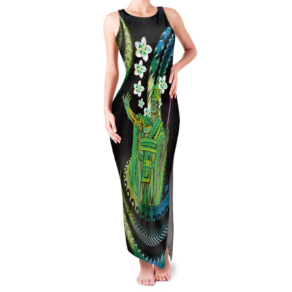 Hawaii King Kamehameha Tank Maxi Dress Fantastic Plumeria Chartreuse Cyan LT01 Women Cyan - Polynesian Pride