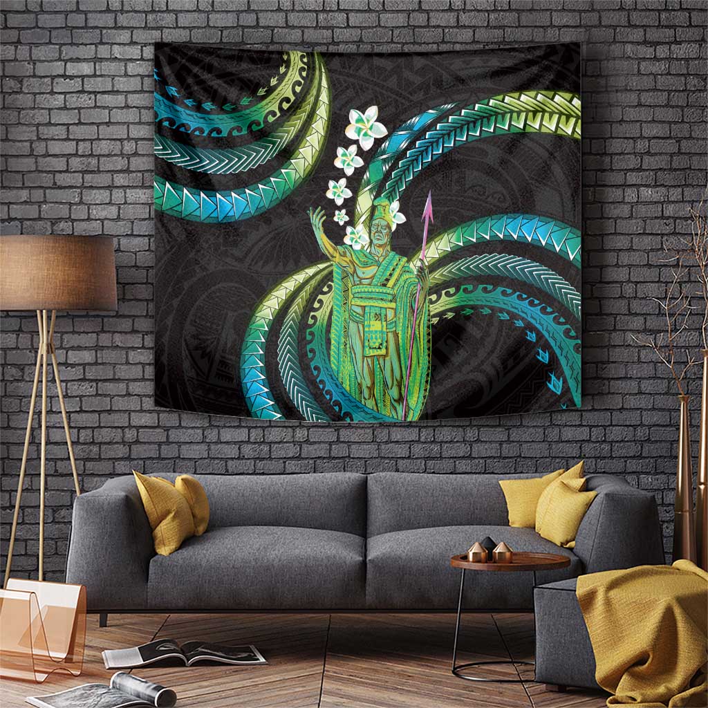 Hawaii King Kamehameha Tapestry Fantastic Plumeria Chartreuse Cyan LT01 Cyan - Polynesian Pride