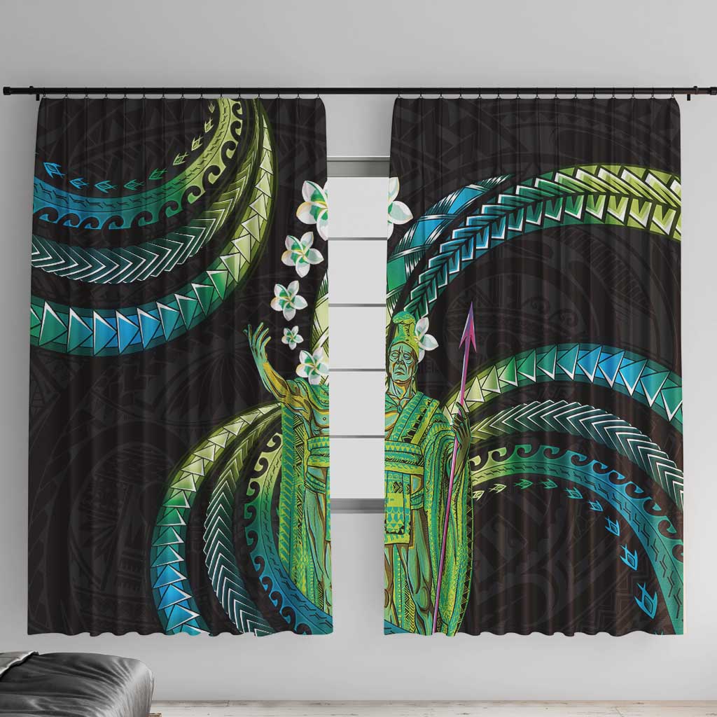 Hawaii King Kamehameha Window Curtain Fantastic Plumeria Chartreuse Cyan LT01 With Hooks Cyan - Polynesian Pride