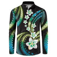 Hawaii Plumeria Button Sweatshirt Chartreuse Cyan Polynesian Pattern LT01 Cyan - Polynesian Pride