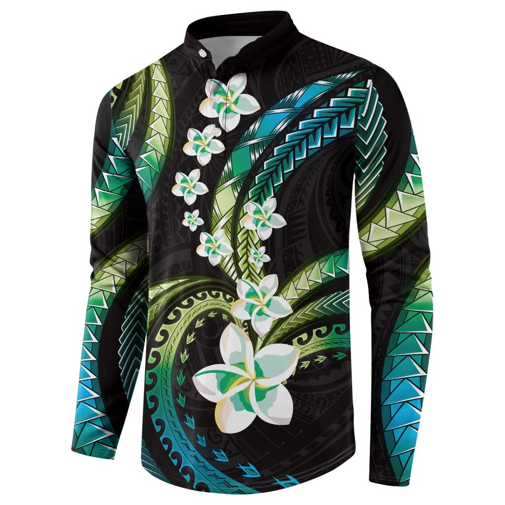 Hawaii Plumeria Button Sweatshirt Chartreuse Cyan Polynesian Pattern LT01 - Polynesian Pride