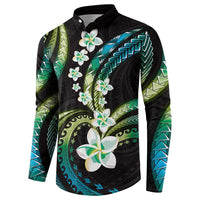 Hawaii Plumeria Button Sweatshirt Chartreuse Cyan Polynesian Pattern LT01 - Polynesian Pride