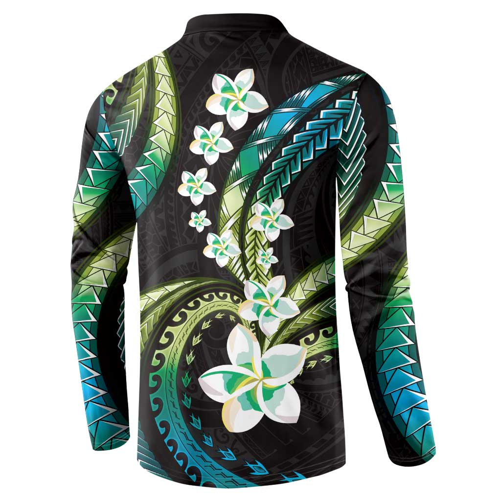 Hawaii Plumeria Button Sweatshirt Chartreuse Cyan Polynesian Pattern LT01 - Polynesian Pride