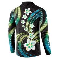 Hawaii Plumeria Button Sweatshirt Chartreuse Cyan Polynesian Pattern LT01 - Polynesian Pride