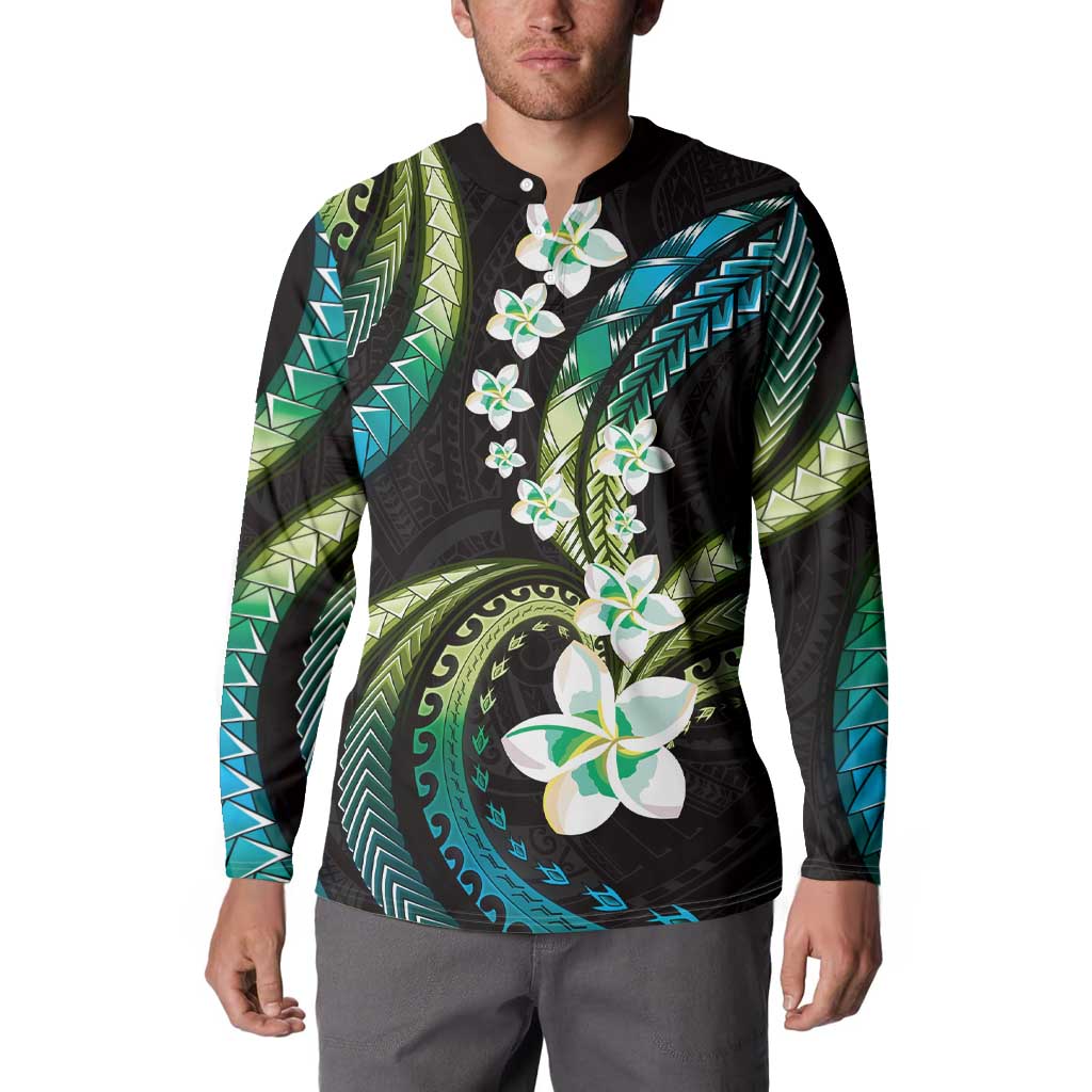 Hawaii Plumeria Button Sweatshirt Chartreuse Cyan Polynesian Pattern LT01 - Polynesian Pride