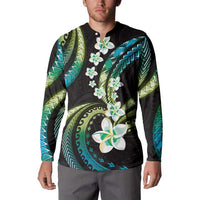 Hawaii Plumeria Button Sweatshirt Chartreuse Cyan Polynesian Pattern LT01 - Polynesian Pride