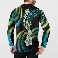 Hawaii Plumeria Button Sweatshirt Chartreuse Cyan Polynesian Pattern LT01 - Polynesian Pride