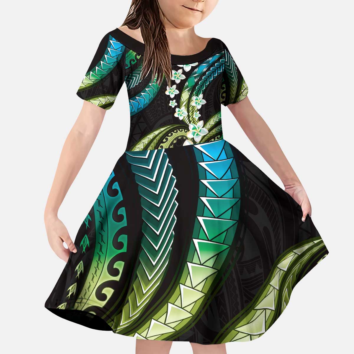 Hawaii Plumeria Kid Short Sleeve Dress Chartreuse Cyan Polynesian Pattern LT01 KID Cyan - Polynesian Pride