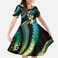 Hawaii Plumeria Kid Short Sleeve Dress Chartreuse Cyan Polynesian Pattern LT01 KID Cyan - Polynesian Pride