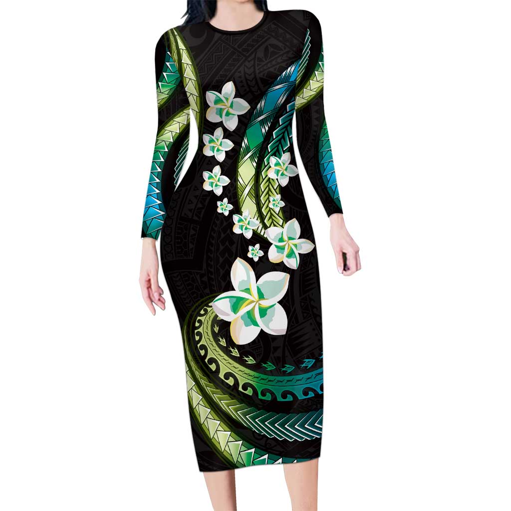 Hawaii Plumeria Long Sleeve Bodycon Dress Chartreuse Cyan Polynesian Pattern LT01 Long Dress Cyan - Polynesian Pride