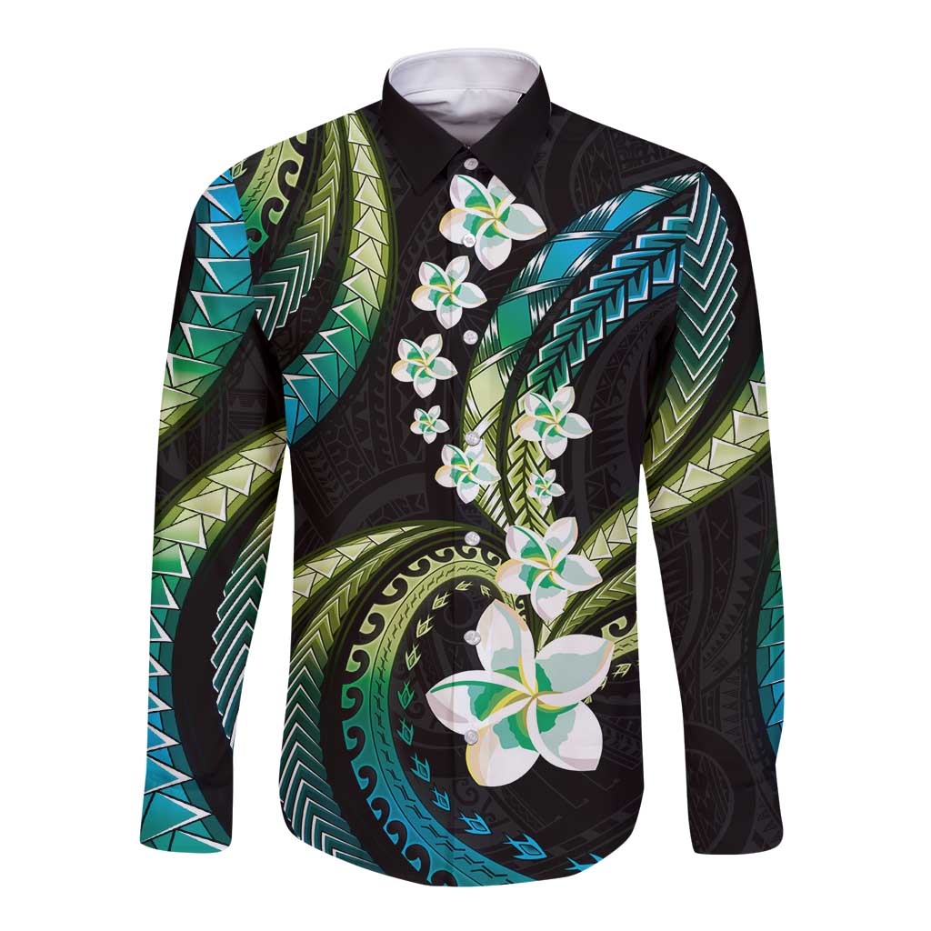 Hawaii Plumeria Long Sleeve Button Shirt Chartreuse Cyan Polynesian Pattern LT01 Unisex Cyan - Polynesian Pride