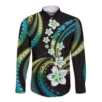 Hawaii Plumeria Long Sleeve Button Shirt Chartreuse Cyan Polynesian Pattern LT01 Unisex Cyan - Polynesian Pride
