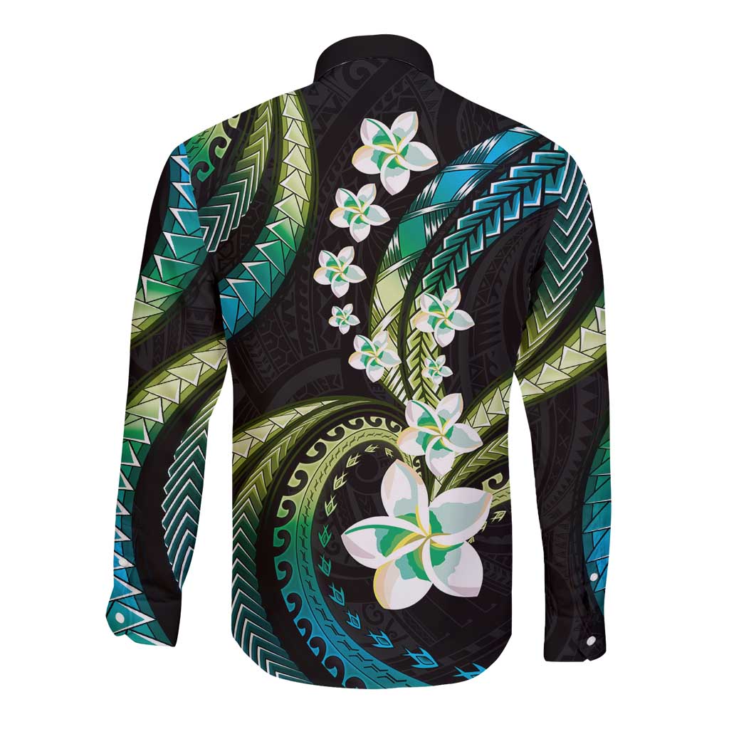 Hawaii Plumeria Long Sleeve Button Shirt Chartreuse Cyan Polynesian Pattern LT01 - Polynesian Pride