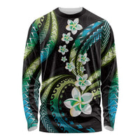 Hawaii Plumeria Long Sleeve Shirt Chartreuse Cyan Polynesian Pattern LT01 Unisex Cyan - Polynesian Pride
