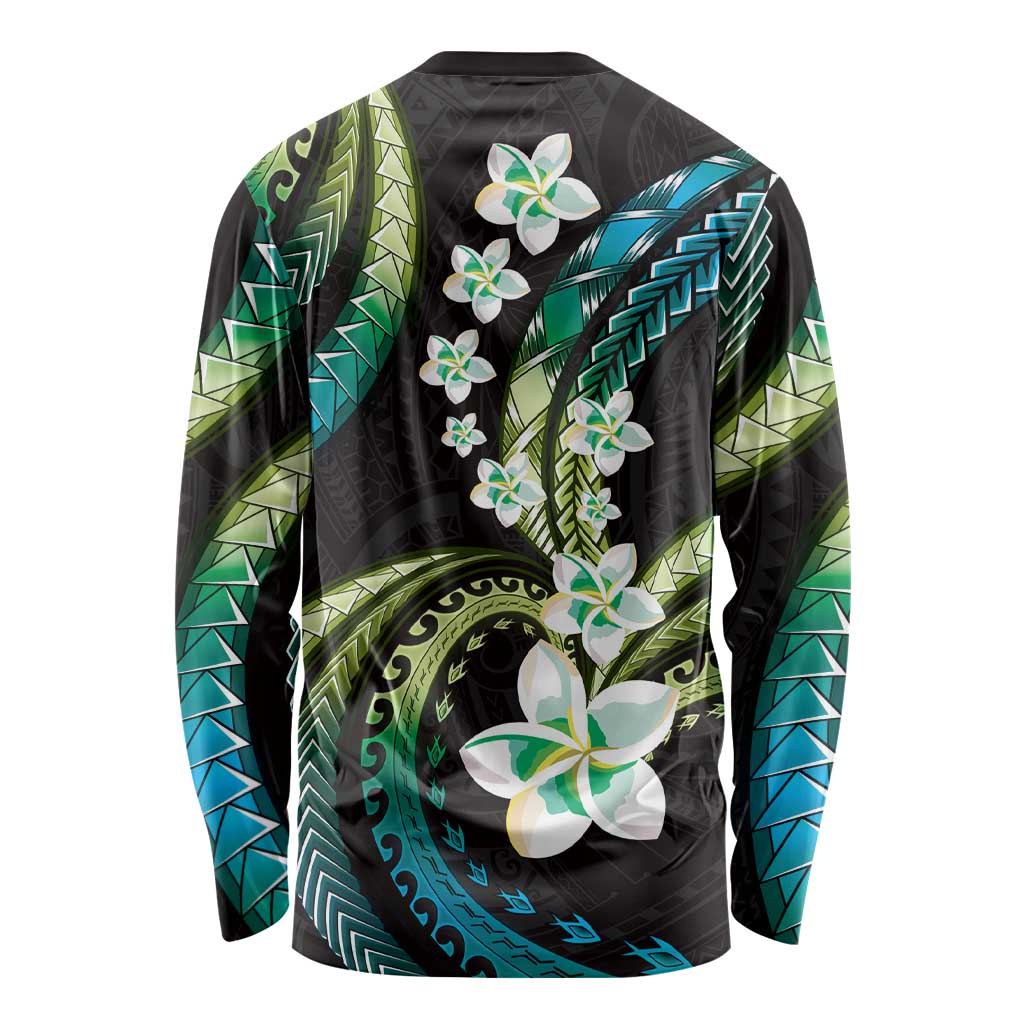 Hawaii Plumeria Long Sleeve Shirt Chartreuse Cyan Polynesian Pattern LT01 - Polynesian Pride