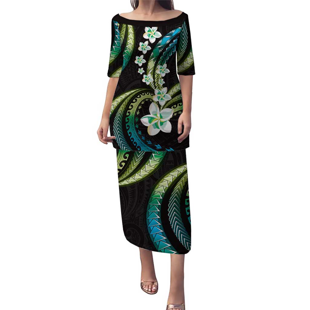 Hawaii Plumeria Puletasi Chartreuse Cyan Polynesian Pattern LT01 Long Dress Cyan - Polynesian Pride
