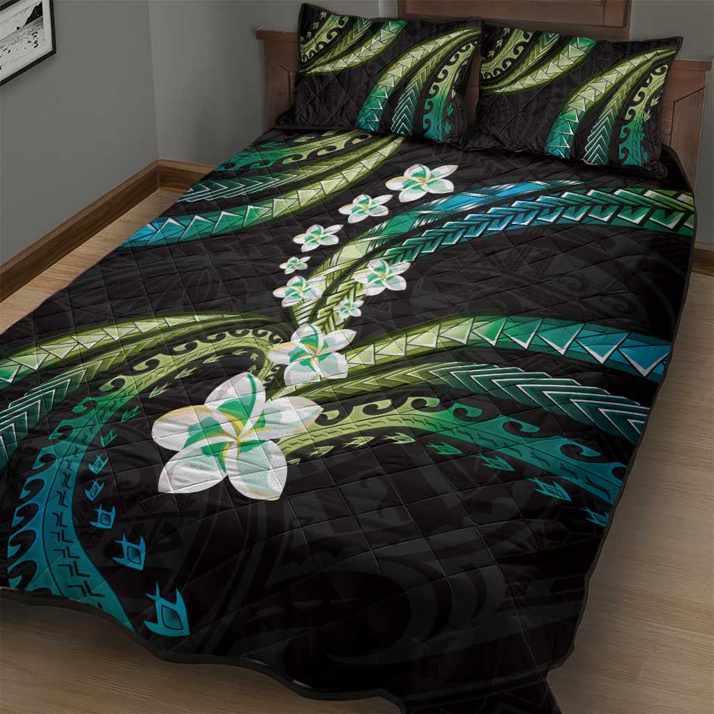 Hawaii Plumeria Quilt Bed Set Chartreuse Cyan Polynesian Pattern LT01 - Polynesian Pride