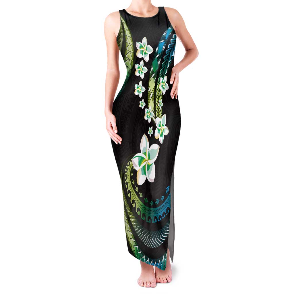 Hawaii Plumeria Tank Maxi Dress Chartreuse Cyan Polynesian Pattern LT01 Women Cyan - Polynesian Pride