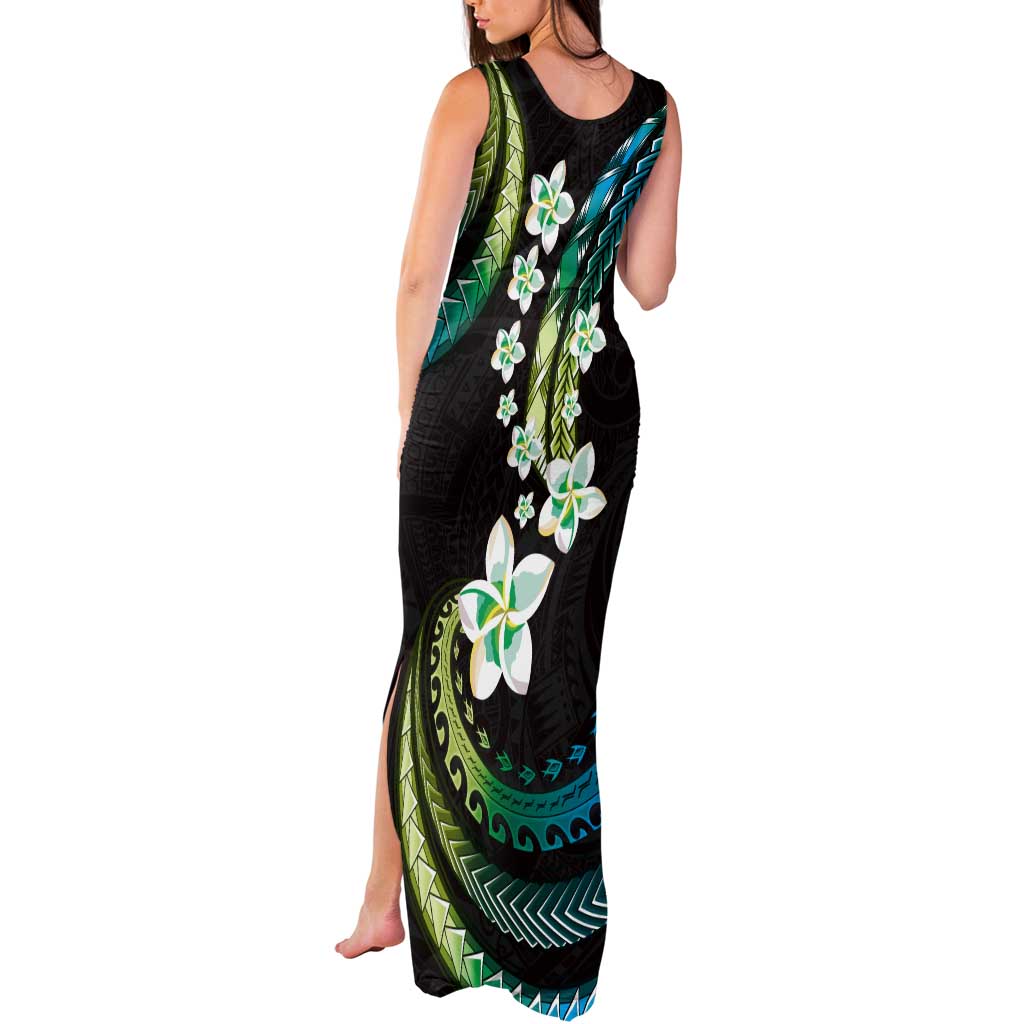 Hawaii Plumeria Tank Maxi Dress Chartreuse Cyan Polynesian Pattern LT01 - Polynesian Pride