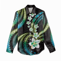 Hawaii Plumeria Women Casual Shirt Chartreuse Cyan Polynesian Pattern LT01 - Polynesian Pride