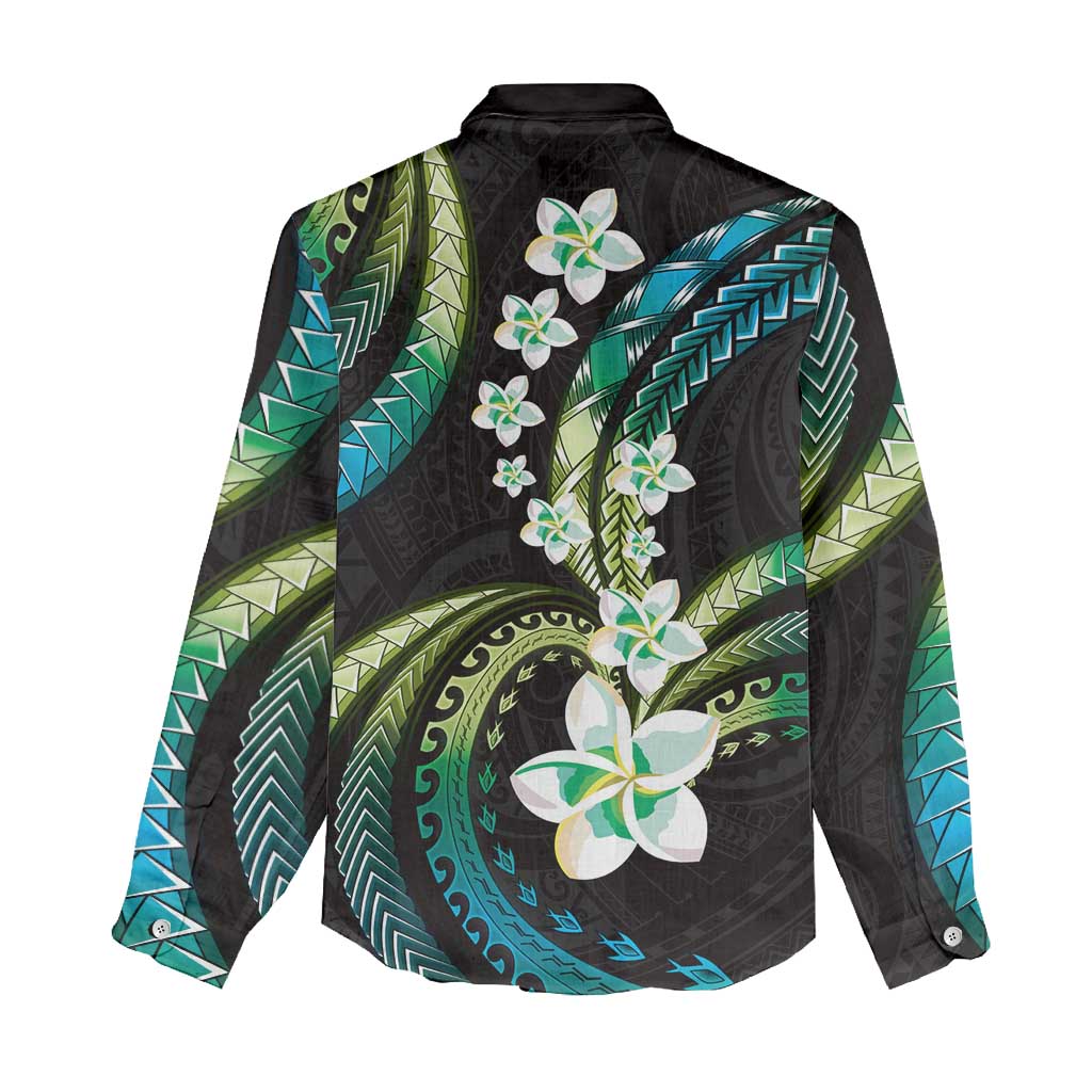 Hawaii Plumeria Women Casual Shirt Chartreuse Cyan Polynesian Pattern LT01 - Polynesian Pride