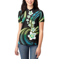 Hawaii Plumeria Women Polo Shirt Chartreuse Cyan Polynesian Pattern LT01 - Polynesian Pride